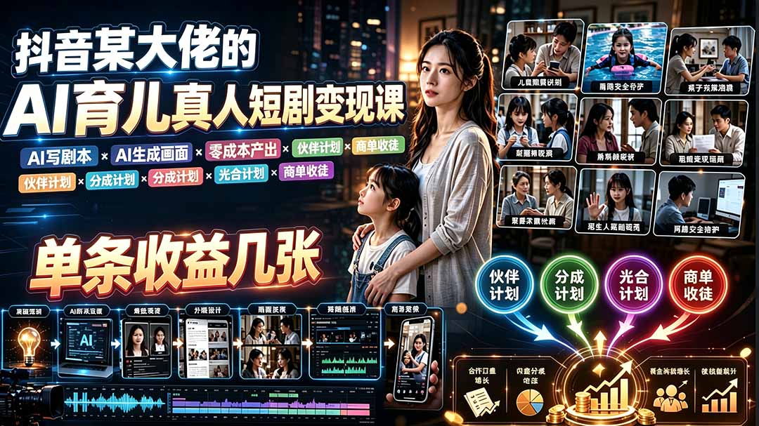 AI育儿真人短剧变现课:AI写剧本×AI生成画面×零成本产出×伙伴计划×分成计划×光合计划×商单收徒-资源宝库