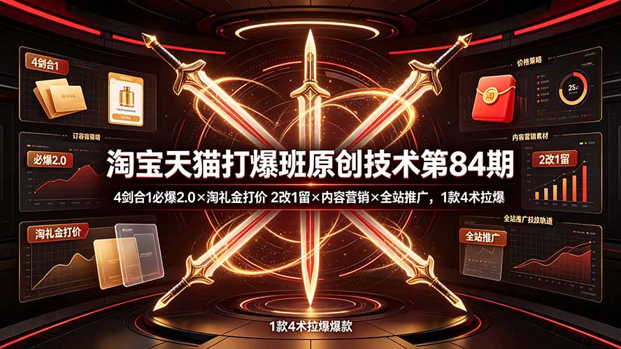 淘宝天猫打爆班原创技术第84期:4剑合1必爆2.0×淘礼金打价×2改1留×内容营销×全站推广,1款4术拉爆-资源宝库
