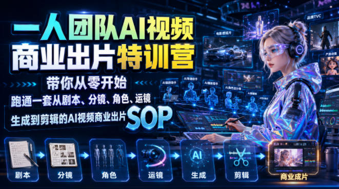 一人团队AI视频商业出片实战课：带你从零开始跑通一套从剧本、分镜、角色、运镜、生成到剪辑的AI视频商业出片SOP-资源宝库