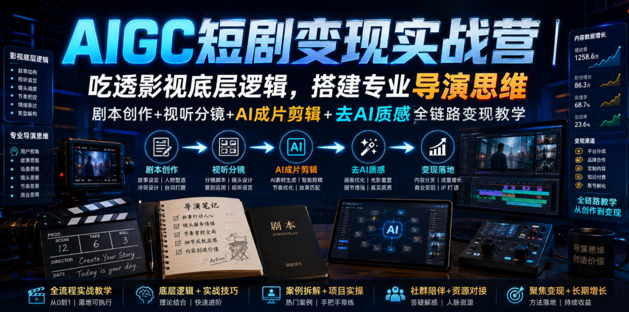 AIGC短剧变现实战营|吃透影视底层逻辑,搭建专业导演思维,剧本创作+视听分镜+AI成片剪辑+去AI质感全链路变现教学-资源宝库