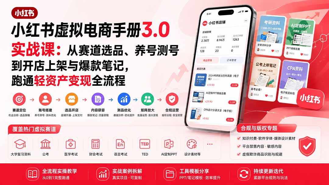 小红书虚拟电商手册3.0实战课：从赛道选品、养号测号到开店上架与爆款笔记，跑通轻资产变现全流程-资源宝库
