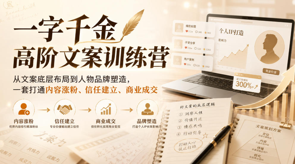 一字千金高阶文案训练营，从文案底层布局到人物品牌塑造，一套打通内容涨粉、信任建立、商业成交-资源宝库