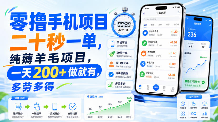 零撸手机项目，二十秒一单，纯薅羊毛项目，一天200+做就有，多劳多得【揭秘】-资源宝库