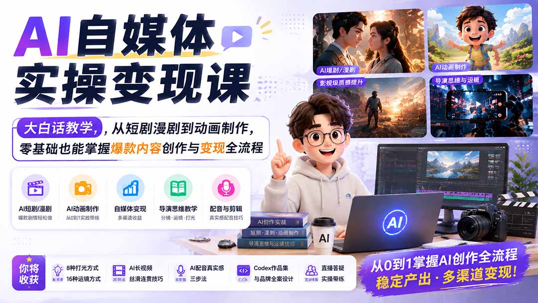 AI自媒体实操变现课|大白话教学,从短剧漫剧到动画制作,零基础也能掌握爆款内容创作与变现全流程-资源宝库
