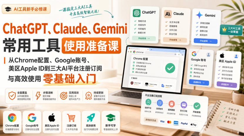 ChatGPT、Claude、Gemini常用工具使用准备课｜从Chrome配置、Google账号、美区Apple ID到三大AI平台注册订阅与高效使用零基础入门-资源宝库