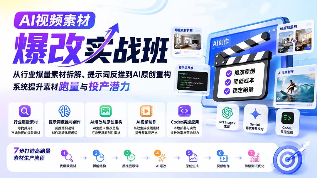 AI视频素材爆改实战班-更新8月：从行业爆量素材拆解、提示词反推到AI原创重构，系统提升素材跑量与投产潜力-资源宝库