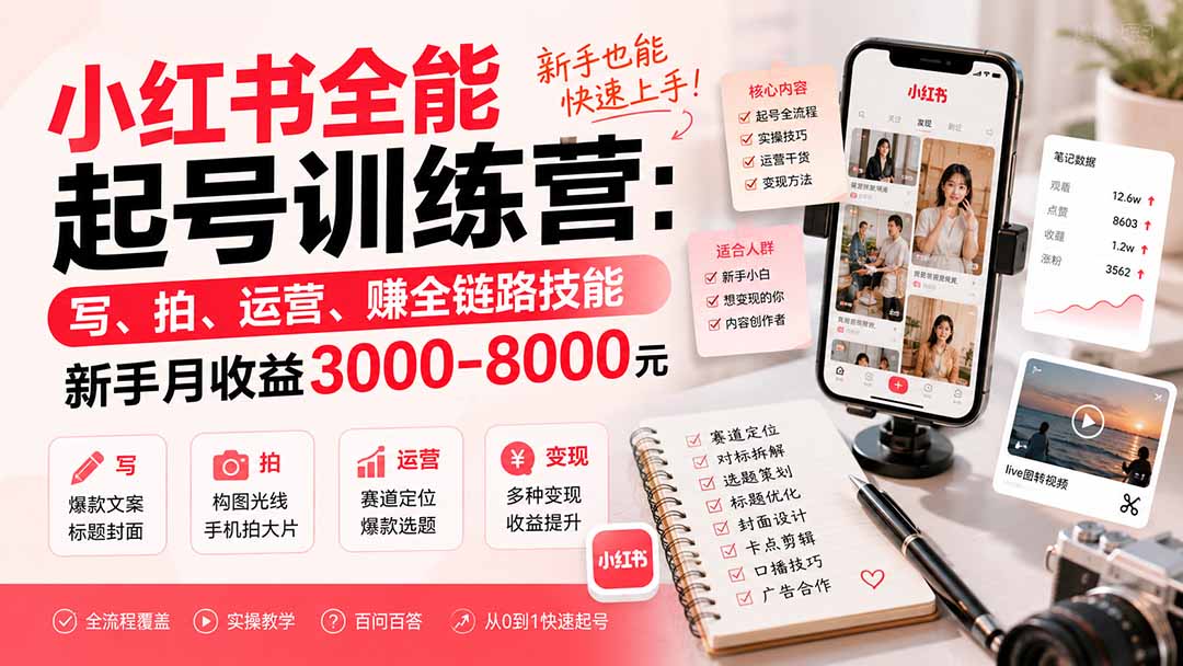 小红书全能起号训练营-更新：写、拍、运营、赚全链路技能，新手月收益3000-8000元-资源宝库