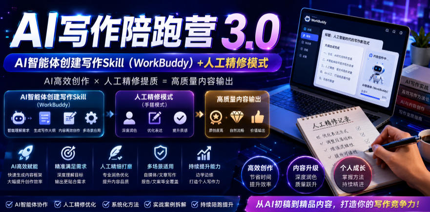 AI写作陪跑营3.0，Ai智能体创建写作skill(workbuddy)+人工手写模式(手搓模式)，去除AI痕迹(头条号、公众号、百家号)(更新0806)-资源宝库