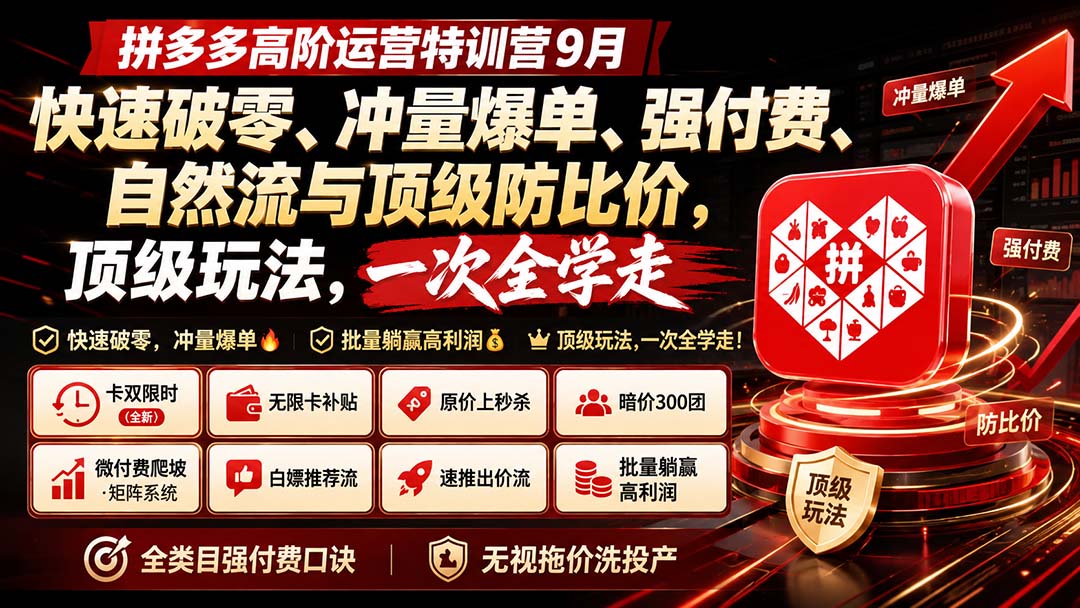 拼多多高阶运营特训营9月：快速破零、冲量爆单、强付费、自然流与顶级防比价， 顶级玩法，一次全学走-资源宝库