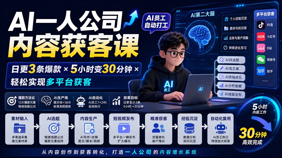 AI一人公司内容获客课-更新8月：日更3条爆款×5小时变30分钟×AI员工自动打工，轻松实现多平台获客-资源宝库