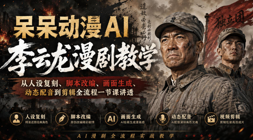 呆呆动漫AI李云龙漫剧教学，从人设复刻、脚本改编、画面生成、动态配音到剪辑全流程一节课讲透-资源宝库