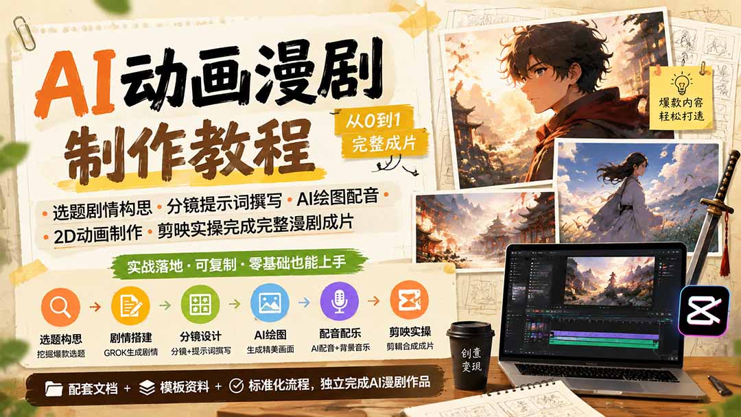 AI动画漫剧制作教程|选题剧情构思·分镜提示词撰写·AI绘图配音·2D动画制作·剪映实操完成完整漫剧成片-资源宝库