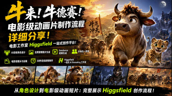 牛来！牛德赛！电影级动画片制作流程详细分享！电影工作室Higgsfield一站式创作平台，完整创作流程-资源宝库