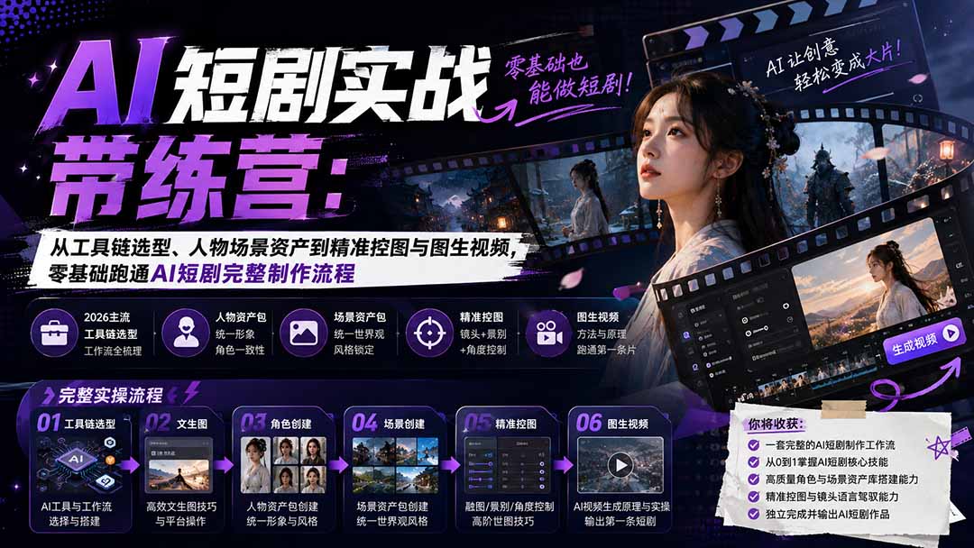 AI短剧实战训练营：从工具链选型、人物场景资产到精准控图与图生视频，零基础跑通AI短剧完整制作流程-资源宝库