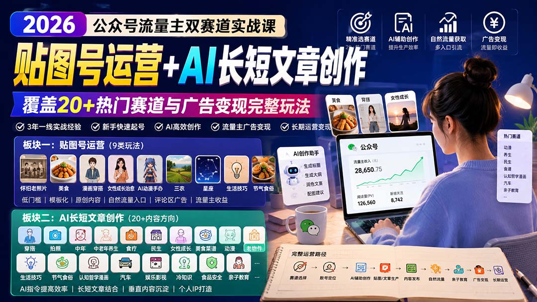公众号流量主双赛道实战课：贴图号运营+AI长短文章创作，覆盖20+热门赛道与广告变现完整玩法-资源宝库