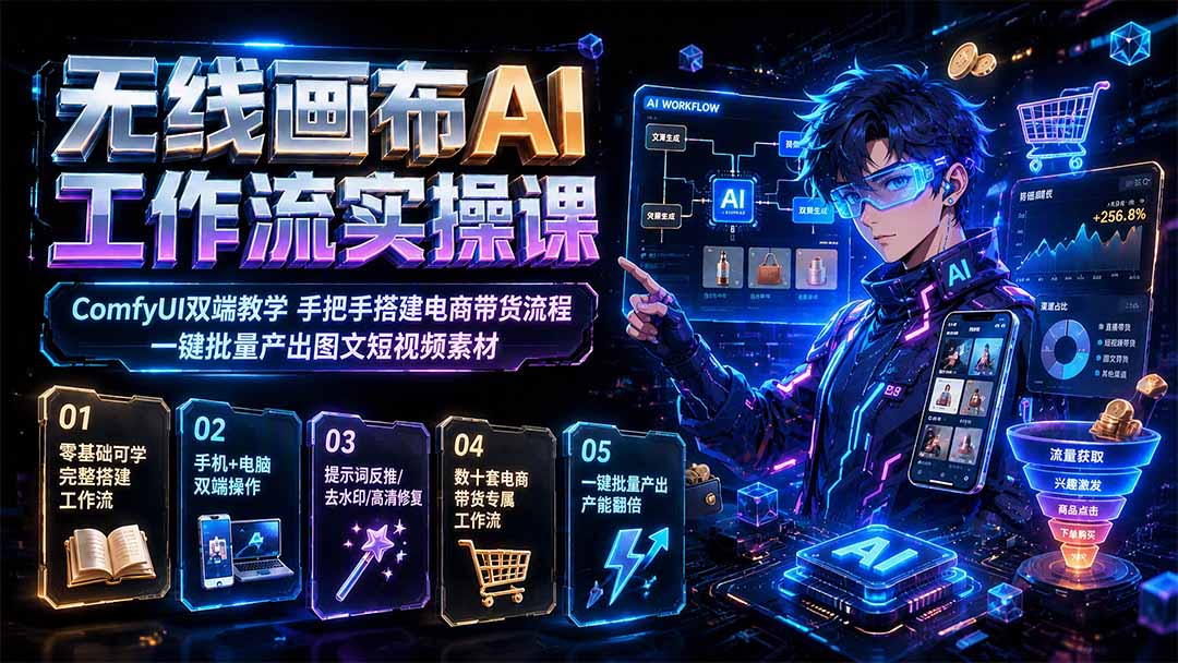 无线画布AI工作流实操课|ComfyUI双端教学,手把手搭建电商带货流程,一键批量产出图文短视频素材-资源宝库