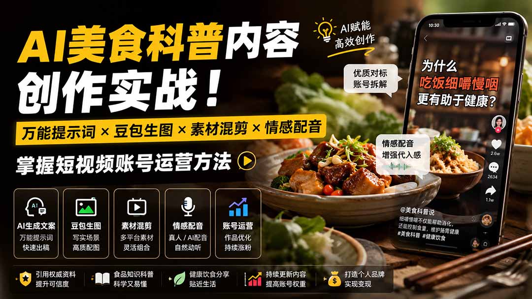 外面卖199元-AI美食科普内容创作实战！万能提示词×豆包生图×素材混剪×情感配音，掌握短视频账号运营方法-资源宝库
