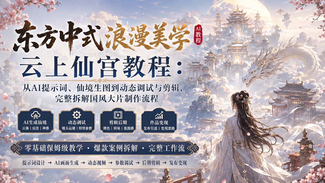 东方中式浪漫美学云上仙宫教程：从AI提示词、仙境生图到动态调试与剪辑，完整拆解国风大片制作流程-资源宝库