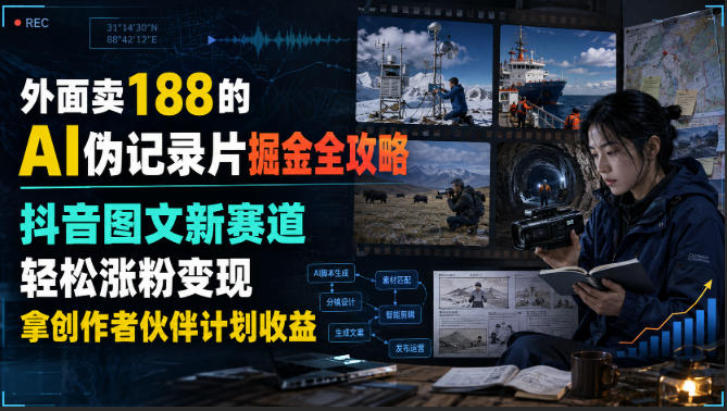 外面卖188的AI伪记录片掘金全攻略,抖音图文新赛道,轻松涨粉变现,拿创作者伙伴计划收益【文档】-资源宝库