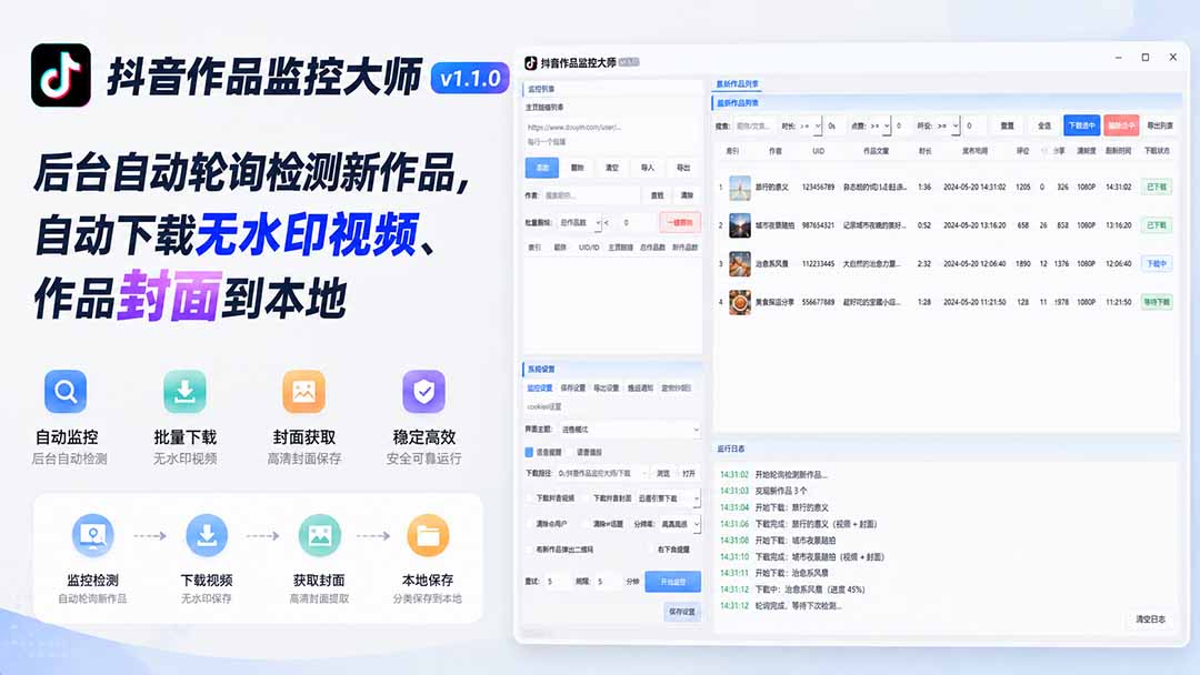 抖音作品监控大师v1.1.0：后台自动轮询检测新作品，自动下载无水印视频、作品封面到本地-资源宝库