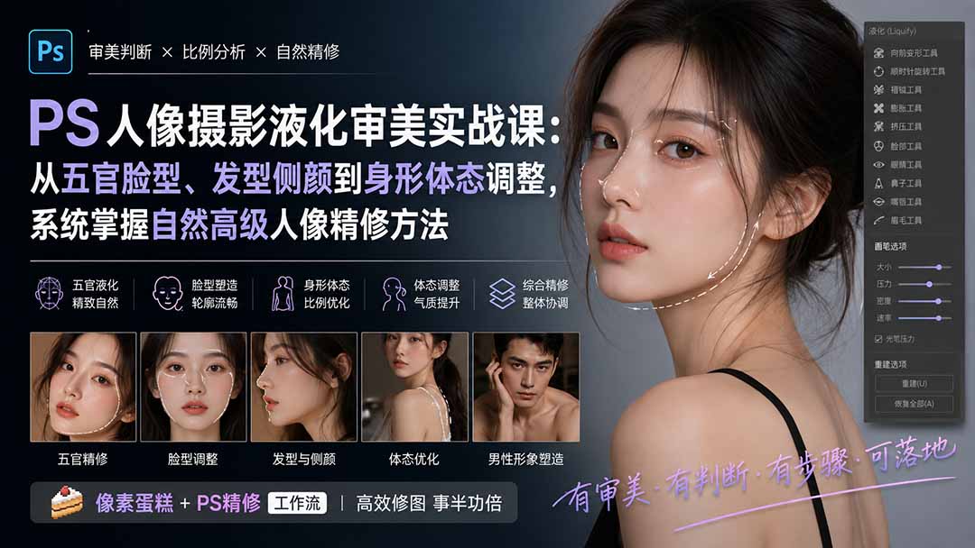 PS人像摄影液化审美实战课：从五官脸型、发型侧颜到身形体态调整，系统掌握自然高级人像精修方法-资源宝库