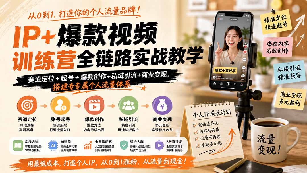 IP+爆款视频训练营全链路实战教学；赛道定位+起号+爆款创作+私域引流+商业变现，搭建专属个人流量体系-资源宝库