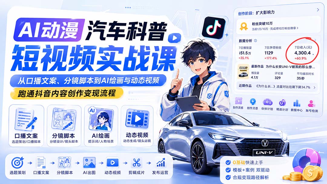 AI动漫汽车科普短视频实战课：从口播文案、分镜脚本到AI绘画与动态视频，跑通抖音内容创作变现流程-资源宝库