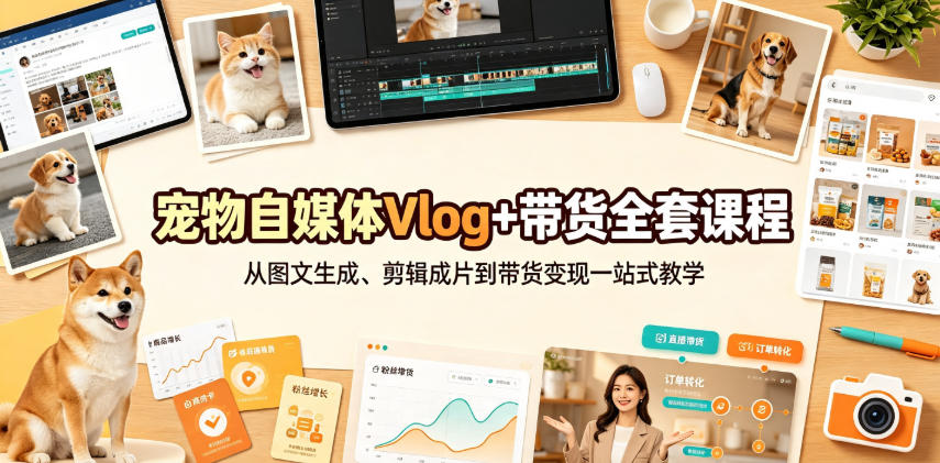 宠物自媒体Vlog+带货全套课程｜从图文生成、剪辑成片到带货变现一站式教学-资源宝库