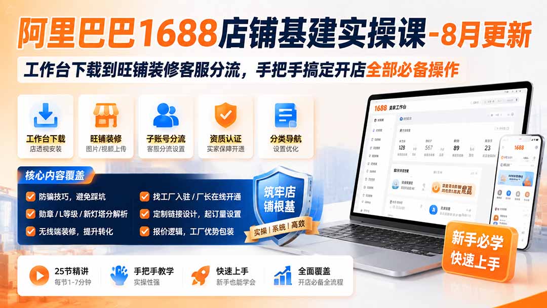 阿里巴巴1688店铺基建实操课-8月更新;工作台下载到旺铺装修客服分流,手把手搞定开店全部必备操作-资源宝库