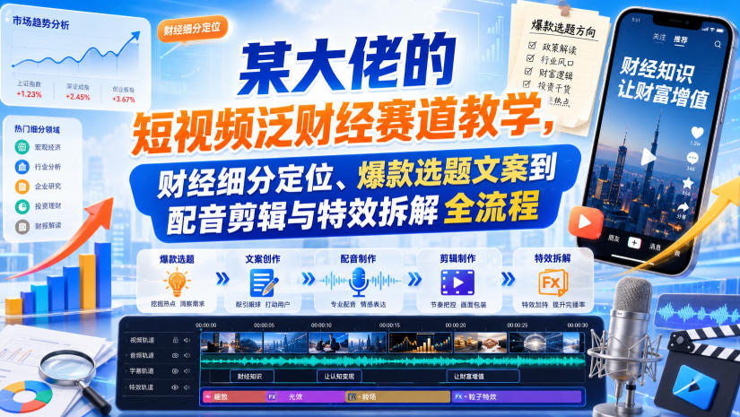 某大佬的短视频泛财经赛道教学，财经细分定位、爆款选题文案到配音剪辑与特效拆解全流程-资源宝库