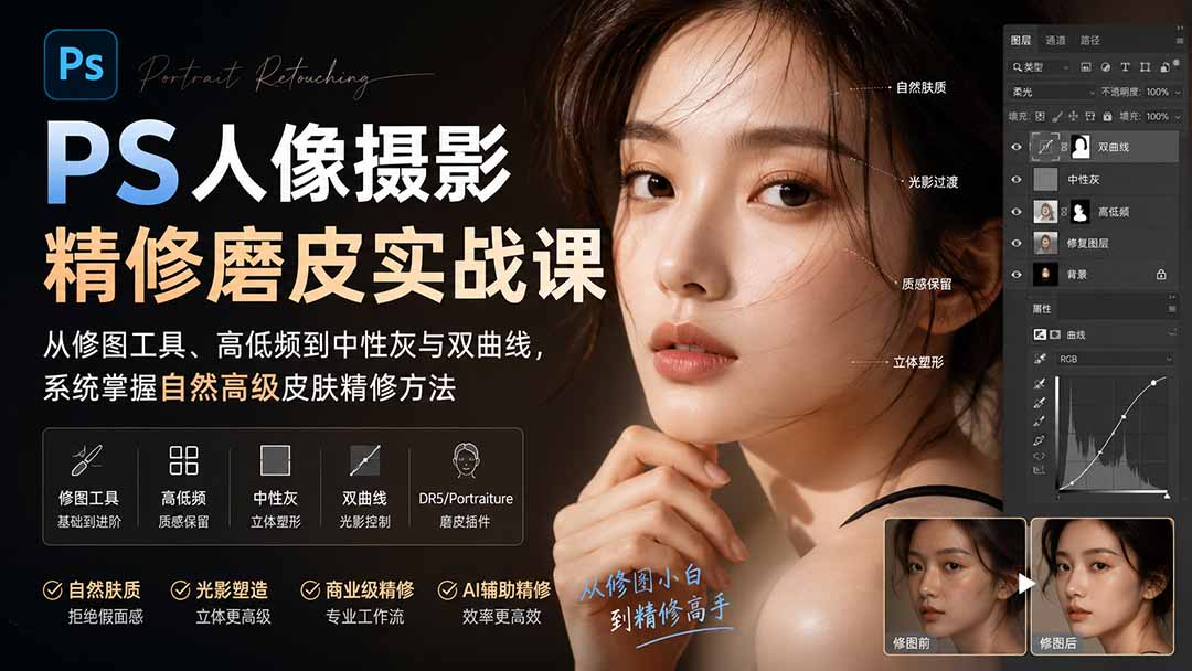 PS人像摄影精修磨皮实战课：从修图工具、高低频到中性灰与双曲线，系统掌握自然高级皮肤精修方法-资源宝库