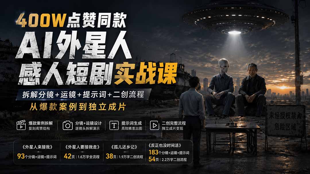 400W点赞同款AI外星人感人短剧实战课：拆解分镜+运镜+提示词+二创流程，从爆款案例到独立成片-资源宝库