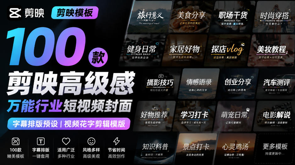 【剪映模板】100款剪映高级感万能行业短视频封面字幕排版预设视频花字剪辑模版-资源宝库