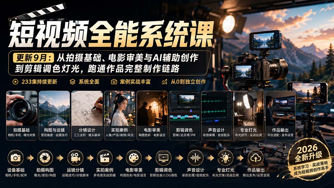 短视频全能系统课-更新8月233集：从拍摄基础、电影审美与AI辅助创作到剪辑调色灯光，跑通作品完整制作链路-资源宝库