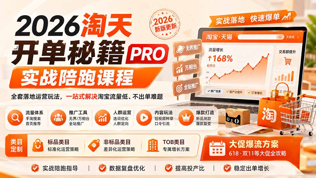 2026淘天开单秘籍PRO实战陪跑课程：全套落地运营玩法，一站式解决淘宝流量低、不出单难题(更新260823-资源宝库
