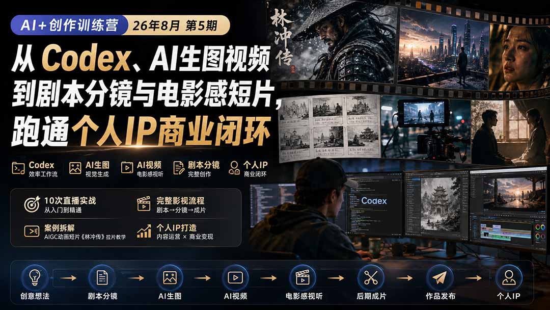 AI+创作训练营26年8月第5期：从Codex、AI生图视频到剧本分镜与电影感短片，跑通个人IP商业闭环-资源宝库