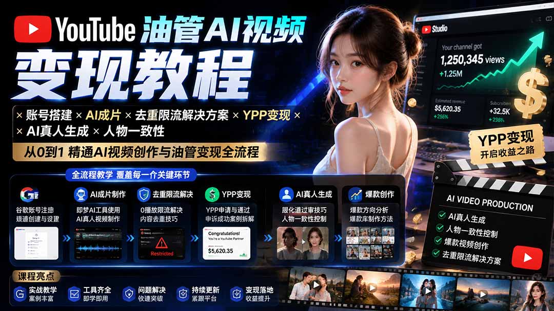 YouTube油管AI视频变现教程-更新:账号搭建×AI成片×去重限流解决方案×YPP变现×AI真人生成×人物一致性-资源宝库