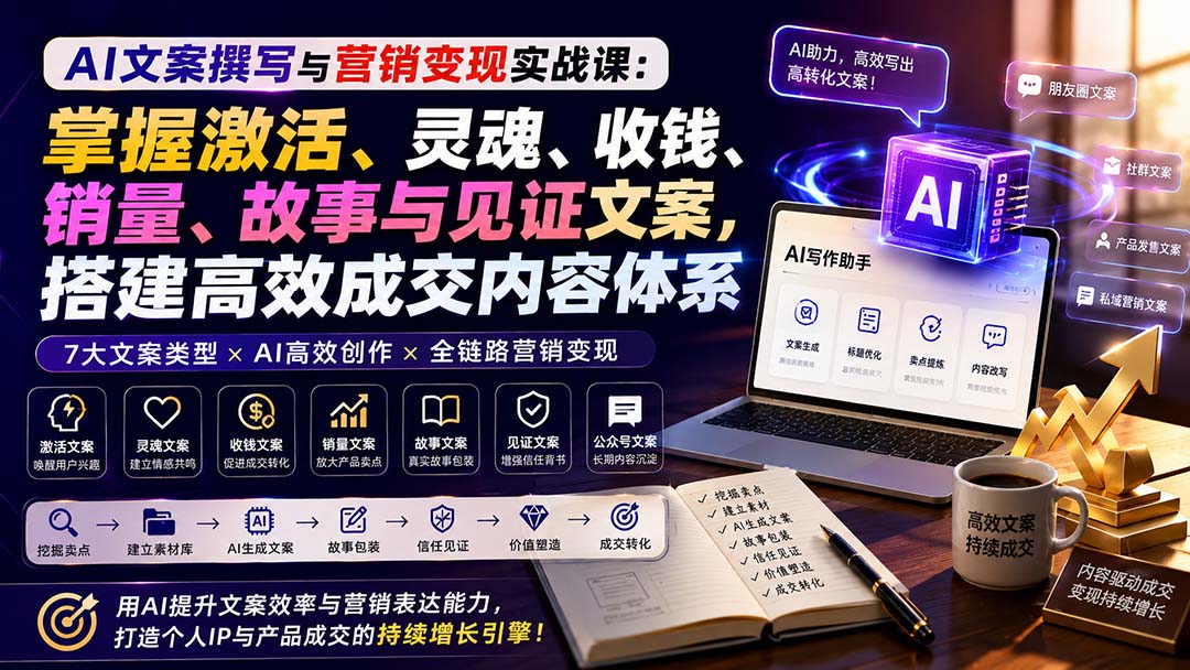 AI文案撰写与营销变现实战课：掌握激活、灵魂、收钱、销量、故事与见证文案，搭建高效成交内容体系-资源宝库