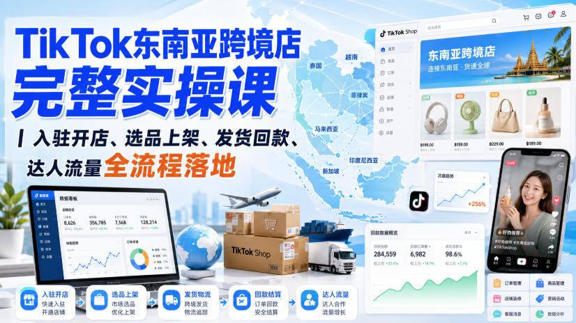 TikTok东南亚跨境店完整实操课｜入驻开店、选品上架、发货回款、达人流量全流程落地-资源宝库