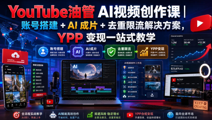 YouTube油管AI视频创作课｜账号搭建+AI成片+去重限流解决方案，YPP变现一站式教学-资源宝库