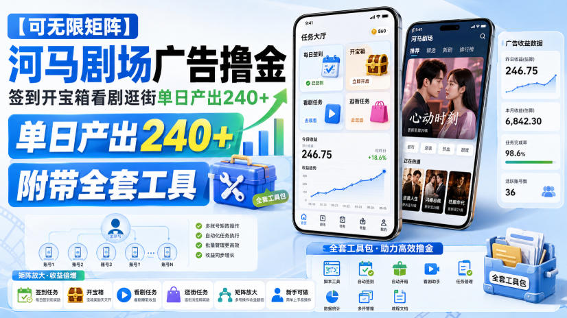 【可无限矩阵】河马剧场广告撸金，签到开宝箱看剧逛街单日产出240+，附带全套工具【揭秘】-资源宝库