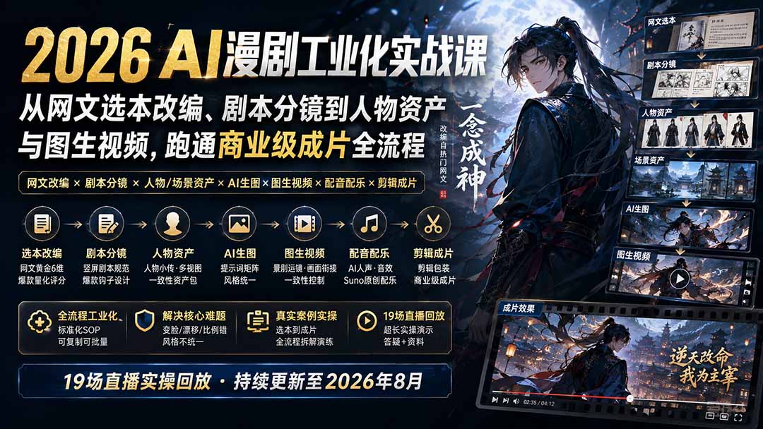 2026 AI漫剧工业化实战课-更新：从网文选本改编、剧本分镜到人物资产与图生视频，跑通商业级成片全流程-资源宝库