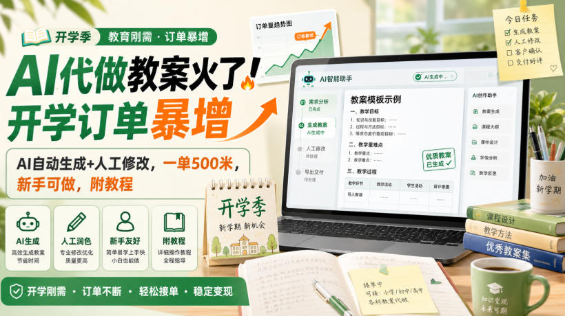 AI代做教案火了！开学订单暴增，AI自动生成+人工修改，一单500米，新手可做，附教程【揭秘】-资源宝库