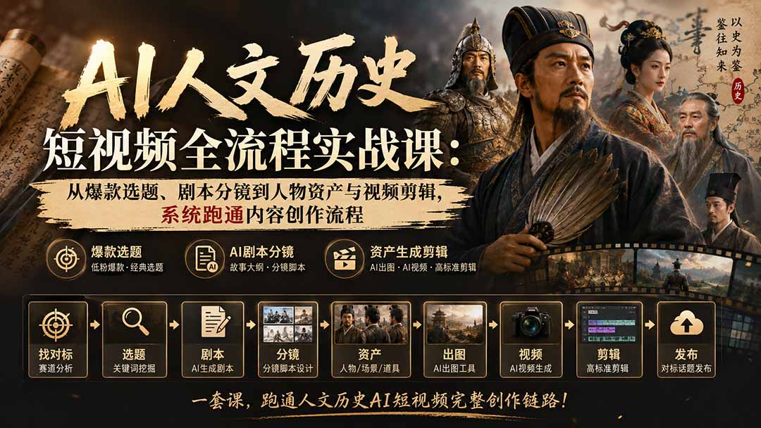 AI人文历史短视频全流程实战课：从爆款选题、剧本分镜到人物资产与视频剪辑，系统跑通内容创作流程-资源宝库