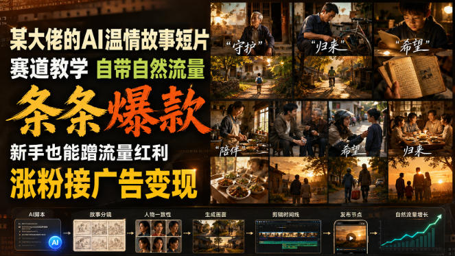 某大佬的AI温情故事短片赛道教学，自带自然流量，条条爆款，新手也能蹭流量红利，涨粉接广告变现-资源宝库