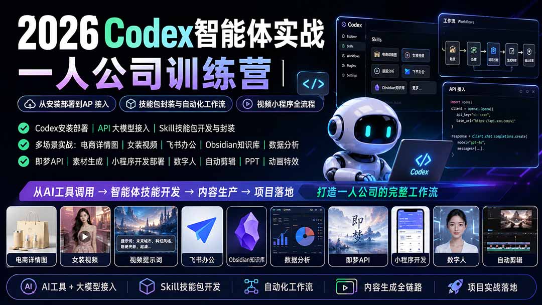 2026Codex智能体实战｜一人公司训练营｜从安装部署到API接入｜技能包封装与自动化工作流｜视频小程序全流程-资源宝库