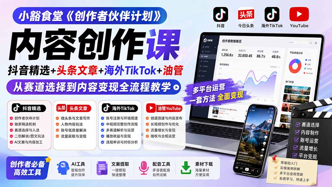 小豁食堂《创作者伙伴计划》内容创作课：抖音精选+头条文章+海外TikTok+油管，从赛道选择到内容变现全流程教学-资源宝库