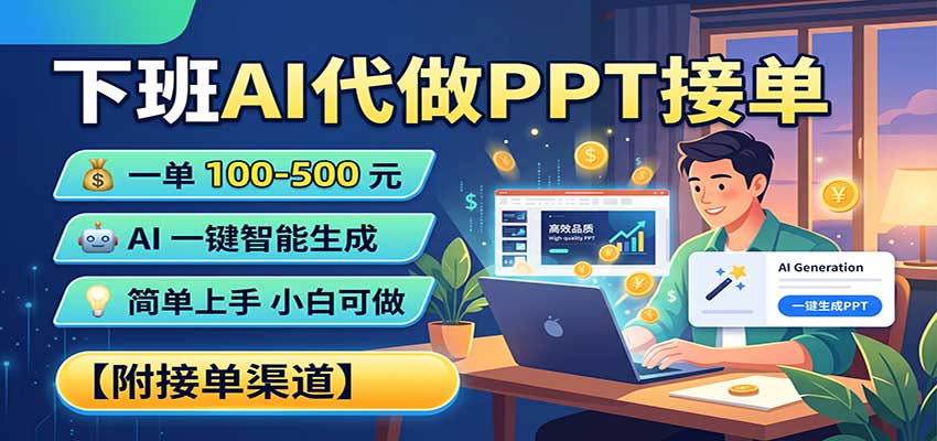 下班AI代做PPT接单，一单100-500，AI一键生成，小白也能做，附接单渠道-资源宝库