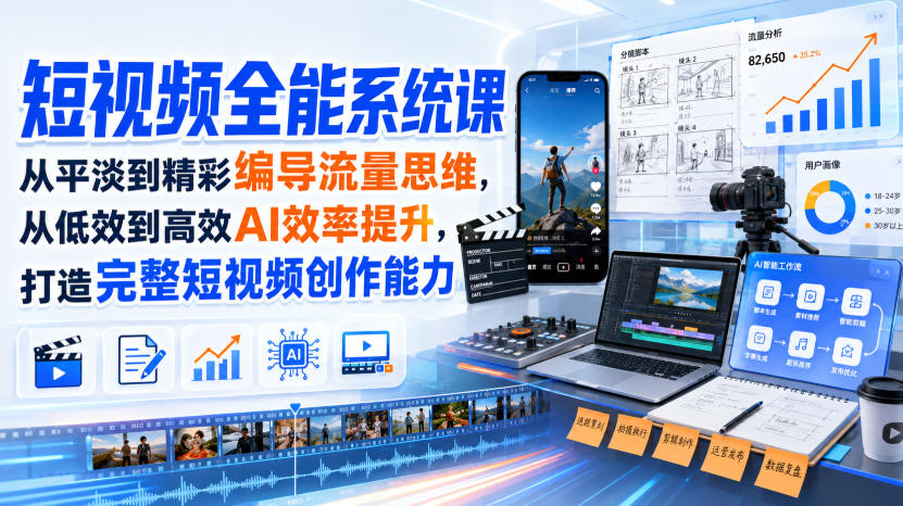 短视频全能系统课，从平淡到精彩编导流量思维，从低效到高效AI效率提升，打造完整短视频创作能力(2026年8月30更新233集)-资源宝库