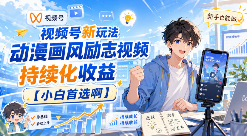 视频号新玩法动漫画风励志视频，持续化收益【小白首选啊】-资源宝库